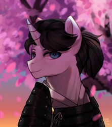 Size: 1500x1700 | Tagged: safe, artist:riukime, imported from derpibooru, oc, oc only, oc:shiro reisu, unicorn, armor, cherry blossoms, flower, flower blossom, samurai