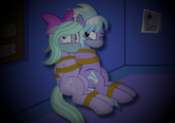 Size: 2843x1997 | Tagged: safe, artist:radiantrealm, edit, imported from derpibooru, cloudchaser, flitter, pegasus, pony, bondage, bound, bound and gagged, bound together, cloth gag, damsel in distress, female, gag, help us, kidnapped, mare, night, one eye closed, otn gag, over the nose gag, rope, rope bondage, scared, shocked, siblings, sisters, tied up