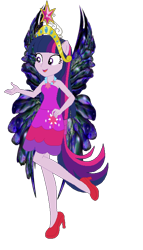 Size: 404x705 | Tagged: safe, artist:selenaede, artist:user15432, imported from derpibooru, twilight sparkle, alicorn, fairy, human, equestria girls, bare shoulders, base used, big crown thingy, blue wings, clothes, colored wings, crown, cutie mark, cutie mark on clothes, dress, element of magic, fairy wings, fairyized, gradient wings, high heels, jewelry, necklace, pink shoes, ponied up, purple dress, purple wings, regalia, shoes, simple background, solo, strapless, transparent background, twilight sparkle (alicorn), wings