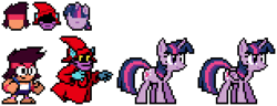 Size: 616x236 | Tagged: safe, artist:dimpsuu, imported from derpibooru, twilight sparkle, alicorn, pony, unicorn, crossover, female, he-man and the masters of the universe, mare, ok ko let's be heroes, orko, pixel art, sprite, twilight sparkle (alicorn)