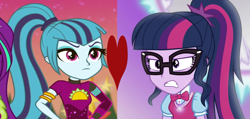 Size: 2265x1074 | Tagged: safe, edit, edited screencap, imported from derpibooru, screencap, sci-twi, sonata dusk, twilight sparkle, equestria girls, equestria girls series, mirror magic, sunset's backstage pass!, spoiler:eqg series (season 2), spoiler:eqg specials, angry, female, heart, lesbian, sci-twinata, shipping, shipping domino, twinata