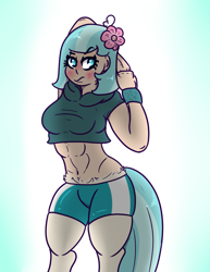 Size: 771x1000 | Tagged: safe, artist:lazerblues, imported from derpibooru, oc, oc only, oc:cici, satyr, abs, blushing, female, flower, flower in hair, muscles, muscular female, offspring, parent:coco pommel, solo