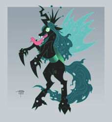 Size: 732x800 | Tagged: safe, alternate version, artist:goblinspell, imported from derpibooru, queen chrysalis, changeling, changeling queen, colored, crown, female, jewelry, rearing, regalia, signature, solo, tongue out