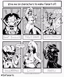 Size: 2300x2758 | Tagged: safe, artist:goblinspell, imported from derpibooru, queen chrysalis, anthro, bird, changeling, changeling queen, duck, human, six fanarts, clothes, count duckula, crossover, female, grayscale, hat, monochrome, sun hat, twilog