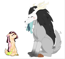 Size: 3048x2784 | Tagged: safe, artist:kittypaintyt, artist:thieeur-nawng, imported from derpibooru, oc, oc only, oc:list shy, hybrid, pony, wendigo, base used, collaboration, interspecies offspring, offspring, parent:discord, parent:fluttershy, parents:discoshy, simple background, vore, white background, worried