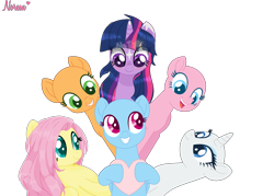 Size: 2136x1529 | Tagged: safe, artist:itsnatcherx, artist:noreenthedramaqueen, artist:thieeur-nawng, imported from derpibooru, applejack, fluttershy, pinkie pie, rainbow dash, rarity, twilight sparkle, pony, bald, base used, bust, collaboration, heart, mane six, simple background, smiling, transparent background