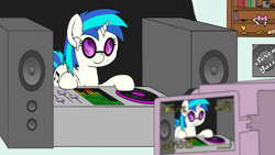 Size: 3840x2160 | Tagged: safe, artist:djdavid98, derpibooru exclusive, imported from derpibooru, dj pon-3, vinyl scratch, pony, unicorn, airpods, bits, book, bowtie, camera, cup, cutie mark, english, equalizer, female, guitar pick, happy birthday mlp:fim, horn, livestream, mare, mlp fim's tenth anniversary, poster, scissors, shelf, solo, solo female, speaker, speakers, sunglasses, tail, text, turntable