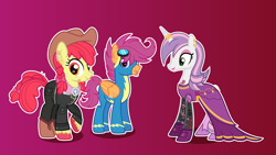 Size: 3080x1732 | Tagged: safe, artist:n0kkun, imported from derpibooru, apple bloom, scootaloo, sweetie belle, earth pony, pegasus, pony, unicorn, alternate hairstyle, belt, boots, clothes, commission, cowboy boots, cowboy hat, cutie mark crusaders, dress, ear piercing, earring, eye scar, eyeshadow, female, gloves, goggles, gradient background, hat, headcanon, hoof shoes, horn, horn ring, jeans, jewelry, lip piercing, lipstick, makeup, male, mare, older, older apple bloom, older cmc, older scootaloo, older sweetie belle, pants, piercing, raised hoof, ring, rule 63, scar, scooteroll, shirt, shoes, skirt, socks, stallion, stockings, stubble, suit, tattoo, thigh highs, trans boy, trans male, transgender, trio, uniform, unshorn fetlocks, wing piercing, wonderbolts, wonderbolts uniform