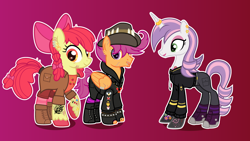 Size: 3080x1732 | Tagged: safe, artist:n0kkun, imported from derpibooru, apple bloom, scootaloo, sweetie belle, earth pony, pegasus, pony, unicorn, alternate hairstyle, apple bloom's bow, badge, boots, bow, clothes, coat, commission, converse, cowboy boots, cutie mark crusaders, ear piercing, earring, eye scar, eyebrow piercing, eyeshadow, fedora, female, fingerless gloves, gloves, gradient background, hair bow, hat, headcanon, hoodie, horn, horn ring, jacket, jeans, jewelry, leather jacket, lip piercing, lipstick, makeup, male, mare, necklace, older, older apple bloom, older cmc, older scootaloo, older sweetie belle, pants, piercing, pin, raised hoof, ring, rule 63, scar, scooteroll, shirt, shoes, shorts, socks, stallion, striped socks, stubble, t-shirt, tattoo, trans boy, trans male, transgender, trio, unshorn fetlocks, wall of tags, wing piercing