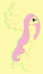 Size: 1024x1757 | Tagged: safe, artist:lolitablue, imported from derpibooru, fluttershy, anthro, pegasus, unguligrade anthro, female, hair over one eye, simple background, solo, yellow background