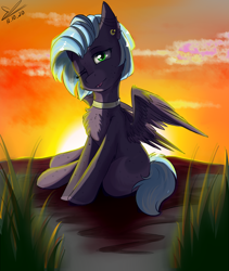 Size: 1280x1520 | Tagged: safe, artist:yuris, imported from derpibooru, oc, oc only, pegasus, pony, rock, solo, sunset
