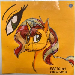 Size: 1080x1080 | Tagged: safe, artist:stargazerseven, imported from derpibooru, sunset shimmer, pony, unicorn, bust, female, mare, solo, traditional art