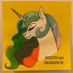 Size: 1080x1080 | Tagged: safe, artist:stargazerseven, imported from derpibooru, princess celestia, alicorn, pony, bust, eyes closed, female, mare, missing accessory, solo, traditional art