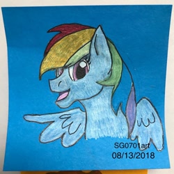 Size: 1080x1080 | Tagged: safe, artist:stargazerseven, imported from derpibooru, rainbow dash, pegasus, pony, bust, female, mare, open mouth, smiling, solo, traditional art