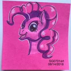 Size: 1080x1080 | Tagged: safe, artist:stargazerseven, imported from derpibooru, pinkie pie, earth pony, pony, bust, eyelashes, female, mare, one eye closed, open mouth, smiling, solo, traditional art, wink