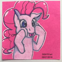 Size: 1080x1080 | Tagged: safe, artist:stargazerseven, imported from derpibooru, pinkie pie, earth pony, pony, :p, bust, cheek squish, female, mare, solo, squishy cheeks, tongue out, traditional art