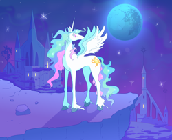 Size: 800x651 | Tagged: safe, artist:goblinspell, imported from derpibooru, princess celestia, alicorn, pony, female, full moon, looking back, mare, mare in the moon, moon, night, outdoors, solo, stars, the last unicorn, unshorn fetlocks