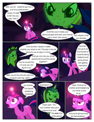 Size: 612x792 | Tagged: safe, artist:newbiespud, edit, edited screencap, imported from derpibooru, screencap, princess cadance, queen chrysalis, twilight sparkle, alicorn, pony, unicorn, comic:friendship is dragons, a canterlot wedding, cave, comic, crystal, dialogue, disguise, disguised changeling, fake cadance, female, freckles, glowing horn, horn, male, mare, reflection, screencap comic, stallion, unicorn twilight