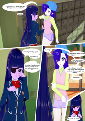 Size: 2971x4200 | Tagged: safe, artist:legions20, imported from derpibooru, rarity, twilight sparkle, comic:closet adventures, equestria girls, 3d, alternate hairstyle, clothes, crying, cute, disguise, eyepatch, eyepatch (disguise), female, koikatsu, lesbian, plainity, rarilight, sad, school uniform, shipping