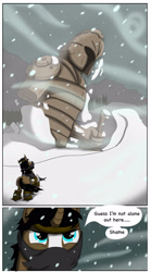 Size: 1408x2532 | Tagged: safe, artist:cactuscowboydan, imported from derpibooru, oc, human, unicorn, comic:mlp:outcasted, comic:outcasted, comic, fantasy class, mystery, snow, statue, warrior, winter