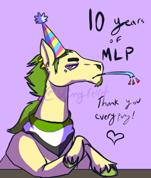 Size: 2106x2480 | Tagged: safe, artist:slimyferret, imported from derpibooru, oc, oc:platinum forge, horse, pegasus, 10, agender, ambiguous gender, aromantic, beard, facial hair, female, happy birthday mlp:fim, hat, mare, masculine mare, mlp fim's tenth anniversary, party hat, party horn