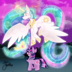 Size: 1000x1000 | Tagged: safe, artist:junko, artist:php163, imported from derpibooru, princess celestia, twilight sparkle, alicorn, pony, unicorn, canterlot gardens, chest fluff, cloud, crown, cute, ethereal mane, ethereal tail, female, filly, filly twilight sparkle, flying, happy birthday mlp:fim, jewelry, levitation, looking down, magic, magic aura, mare, mlp fim's tenth anniversary, momlestia, regalia, signature, smiling, spread wings, telekinesis, twiabetes, unicorn twilight, wings, younger