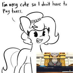 Size: 1024x1024 | Tagged: safe, artist:tjpones, artist:tjpones edits, edit, imported from derpibooru, oc, oc only, oc:brownie bun, earth pony, pony, horse wife, ace attorney, cute, female, horse taxes, judge, mare, monochrome, ocbetes, offscreen character, open mouth, simple background, smiling, solo, tax evasion, taxes, this will end in jail time, white background