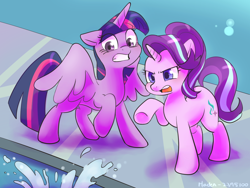 Size: 1400x1050 | Tagged: safe, artist:haden-2375, imported from derpibooru, starlight glimmer, twilight sparkle, alicorn, pony, unicorn, school daze, book, book abuse, duo, eea rulebook, female, mare, meme, open mouth, scene interpretation, school, school of friendship, screw the rules, splash, spread wings, twilight sparkle (alicorn), water, wings