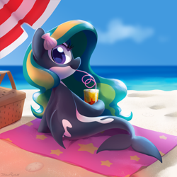 Size: 2100x2100 | Tagged: safe, artist:dawnfire, oc, oc only, oc:marina (efnw), orca, orca pony, original species, sea pony, whale, basket, beach, clam, cute, drinking, everfree northwest, female, looking back, ocean, picnic basket, solo, swirly straw