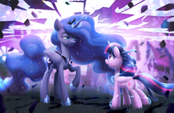 Size: 2500x1617 | Tagged: safe, artist:dawnfire, princess luna, twilight sparkle, alicorn, pony, fanfic:the enchanted kingdom, dream realm, duo, eye contact, fanfic art, female, hoof shoes, horn, lidded eyes, looking at each other, magic, mare, open mouth, peytral, raised hoof, teary eyes, twilight sparkle (alicorn), watermark, wings