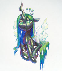 Size: 1500x1715 | Tagged: safe, artist:dawnfire, queen chrysalis, changeling, changeling queen, female, lidded eyes, looking down, pencil drawing, simple background, solo, traditional art, watermark, white background