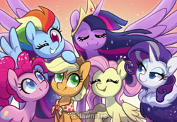 Size: 1308x900 | Tagged: safe, artist:dawnfire, applejack, fluttershy, pinkie pie, rainbow dash, rarity, twilight sparkle, alicorn, earth pony, pegasus, pony, unicorn, the last problem, clothes, coat, eyes closed, fur coat, group shot, horn, lidded eyes, mane six, older, older applejack, older fluttershy, older mane six, older pinkie pie, older rainbow dash, older rarity, older twilight, one eye closed, princess twilight 2.0, smiling, twilight sparkle (alicorn), watermark, wings, wink