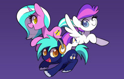 Size: 2711x1734 | Tagged: safe, artist:dawnfire, oc, oc only, oc:blank canvas, oc:hoof beatz, oc:mane event, earth pony, pegasus, pony, unicorn, bronycon, bronycon mascots, female, flying, horn, male, mare, one eye closed, open mouth, simple background, spread wings, stallion, unshorn fetlocks, watermark, wings, wink