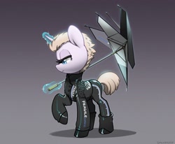 Size: 2059x1700 | Tagged: safe, artist:dawnfire, pony, unicorn, clothes, death stranding, female, fragile (death stranding), lidded eyes, magic, mare, ponified, solo, telekinesis, umbrella