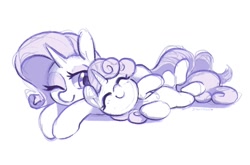 Size: 1500x991 | Tagged: safe, artist:dawnfire, rarity, sweetie belle, pony, unicorn, cute, eyes closed, female, filly, horn, lying down, mare, one eye closed, siblings, side, signature, simple background, sisters, smiling, white background