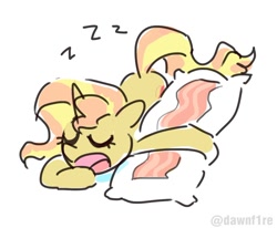 Size: 1000x823 | Tagged: safe, artist:dawnfire, sunset shimmer, pony, unicorn, equestria girls, bacon, body pillow, eyes closed, female, food, horn, mare, meat, onomatopoeia, open mouth, sleeping, solo, sound effects, zzz