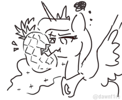 Size: 1000x823 | Tagged: safe, artist:dawnfire, princess luna, alicorn, pony, female, food, horn, mare, peytral, pineapple, scrunchy face, simple background, sketch, solo, spread wings, unamused, watermark, white background, wings