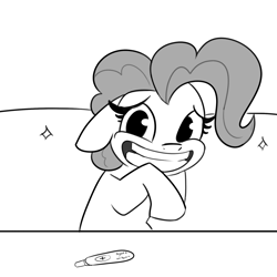 Size: 1800x1800 | Tagged: safe, artist:tjpones, imported from derpibooru, pinkie pie, earth pony, pony, the saddle row review, awkward smile, big smile, embarrassed, female, floppy ears, grayscale, looking at you, mare, monochrome, preggy pie, pregnancy test, pregnant, simple background, smiling, solo, white background