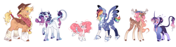 Size: 4100x1100 | Tagged: safe, artist:soundwavepie, artist:xpurplepiex, imported from derpibooru, applejack, fluttershy, pinkie pie, rainbow dash, rarity, twilight sparkle, alicorn, classical unicorn, deer, earth pony, pegasus, pony, unicorn, bandana, clothes, cloven hooves, coat markings, colored hooves, cowboy hat, curved horn, deerified, doe, ear piercing, earring, female, flower, flower in hair, flutterdeer, glasses, hat, horn, jewelry, leonine tail, looking at you, mane six, mare, one eye closed, pegasus pinkie pie, piercing, race swap, redesign, scar, simple background, smiling, smol, socks (coat marking), socks (coat markings), species swap, sweater, tail wrap, unicorn twilight, unshorn fetlocks, white background, wink