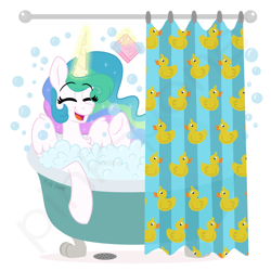 Size: 3000x3000 | Tagged: safe, artist:pink-pone, imported from derpibooru, princess celestia, alicorn, pony, bath, bathtub, bubble, bubble bath, chest fluff, claw foot bathtub, cute, cutelestia, drain, eyes closed, shower curtain, simple background, smiling, soap, water, white background, wing fluff