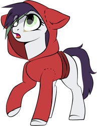 Size: 1088x1412 | Tagged: safe, artist:cloud-fly, artist:etcheddaydream, imported from derpibooru, oc, oc only, oc:juniper, pony, clothes, feral, gift art, hoodie, open mouth, simple background, solo, transparent background