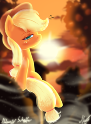 Size: 1650x2250 | Tagged: safe, artist:melanyschaffer, artist:opal_radiance, imported from derpibooru, applejack, earth pony, pony, background lighting, cloud, cute, jackabetes, lidded eyes, looking at you, sitting, solo, sun, sunset