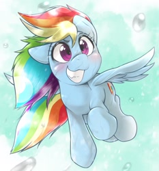 Size: 1536x1650 | Tagged: safe, artist:kurogewapony, imported from derpibooru, rainbow dash, pegasus, pony, cute, dashabetes, female, flying, grin, mare, rain, smiling, solo