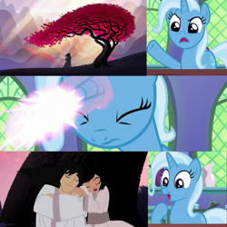 Size: 1280x1280 | Tagged: safe, artist:3d4d, edit, edited screencap, imported from derpibooru, screencap, trixie, human, pony, unicorn, all bottled up, ashi, cherry blossoms, cherry tree, exploitable meme, fangirl, flower, flower blossom, magic, meme, samurai jack, samurai jack (character), samurai jack: battle through time, spoilers for another series, tree, trixie fixing meme