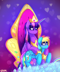 Size: 1428x1704 | Tagged: safe, artist:aaa-its-spook, imported from derpibooru, rainbow dash, twilight sparkle, alicorn, pegasus, sparkle's seven, female, lesbian, luna petting goose, shipping, sitting on lap, size difference, teasing, twidash, twilight sparkle (alicorn), ultimate twilight