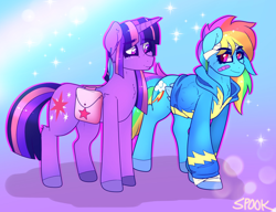 Size: 1452x1118 | Tagged: safe, artist:aaa-its-spook, imported from derpibooru, rainbow dash, twilight sparkle, pegasus, pony, unicorn, bag, bandage, clothes, female, hoodie, lesbian, saddle bag, shipping, twidash