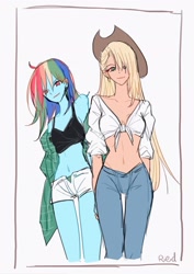 Size: 1448x2048 | Tagged: source needed, safe, artist:ried, imported from derpibooru, applejack, rainbow dash, human, equestria girls, alternate hairstyle, appledash, applejack's hat, belly button, blonde hair, blue skin, breasts, cleavage, clothes, confident, cowboy hat, cowgirl, denim shorts, duo, duo female, exposed belly, female, flannel shirt, front knot midriff, green eyes, happy, hat, holding hands, human coloration, humanized, jeans, lesbian, looking at you, loose hair, midriff, multicolored hair, off the shoulder, pants, pink eyes, pony coloring, rainbow hair, shipping, shirt, shorts, smiling, smiling at you, tanktop, tomboy, unbuttoned, watermark