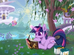 Size: 4000x3000 | Tagged: safe, artist:rrd-artist, imported from derpibooru, twilight sparkle, bird, pony, unicorn, friendship is magic, bag, book, book of harmony, canterlot, female, happy birthday mlp:fim, magic, mare, mlp fim's tenth anniversary, reading, saddle bag, scene interpretation, solo, sun, tree, unicorn twilight