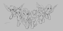 Size: 1244x616 | Tagged: safe, artist:luciferamon, imported from derpibooru, applejack, fluttershy, pinkie pie, rainbow dash, rarity, twilight sparkle, earth pony, pegasus, unicorn, cowboy hat, female, flying, gray background, hat, mane six, mare, simple background, sketch, smiling