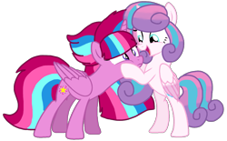 Size: 1615x1002 | Tagged: safe, artist:徐詩珮, imported from derpibooru, princess flurry heart, oc, oc:bubble sparkle, bubbleverse, alternate universe, base used, cousins, female, magical lesbian spawn, magical threesome spawn, multiple parents, next generation, offspring, older, older flurry heart, parent:glitter drops, parent:spring rain, parent:tempest shadow, parent:twilight sparkle, parents:glittershadow, parents:sprglitemplight, parents:springdrops, parents:springshadow, parents:springshadowdrops, simple background, transparent background